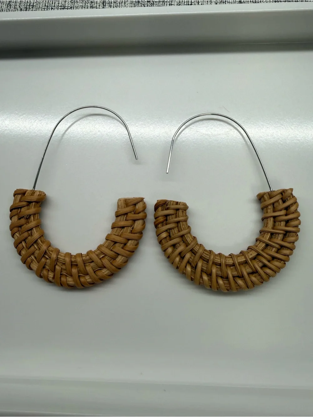 Woven Rattan Half-Hoop Earrings - Natural Brown